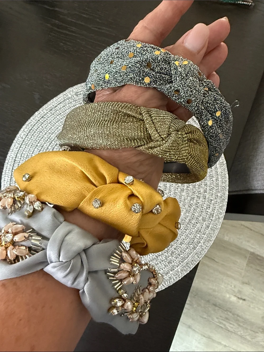Embellished Knot Headbands - Mustard Yellow & Light Gray set of 4